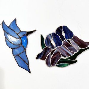 Vintage Stained Glass Sun Catcher Set 2 Hummingbird Iris Blue Violet Purple Hand